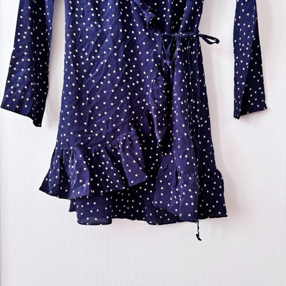 Realisation Par Alexandra Ruffled Silk Wrap Mini Dress Navy Star Print - Picture 7 of 9